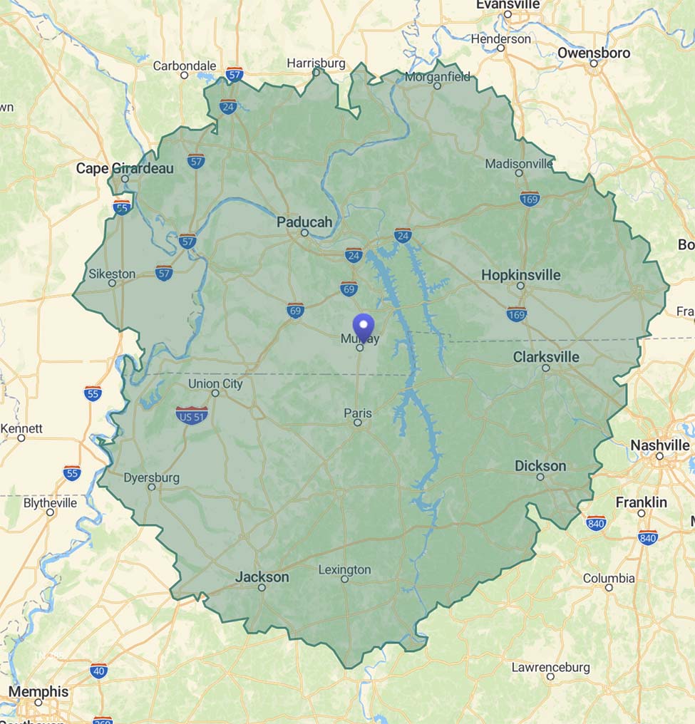 Ace Tire Service coverage area map centered on Murray, KY